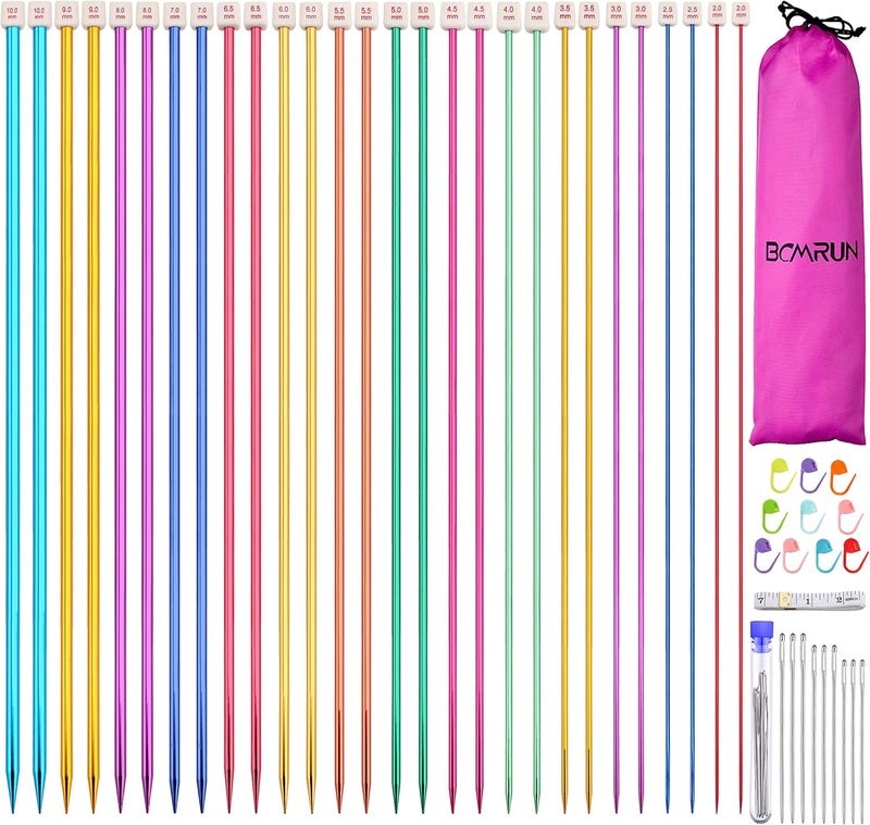 BCMRUN 28Pcs/14 Pairs Stainless Steel Knitting Needles Set, Colored Straight Single Pointed Metal Knitting Needles, 14 Size from 2.0mm-10.0mm, 13.8 Inches Length for Handmade DIY Knitting (35cm) - Image 1